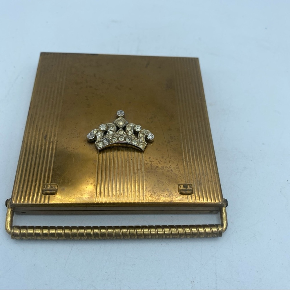 VTG Brass Volupte USA Art Deco Mirrored Compact crown missing Rhinestones
